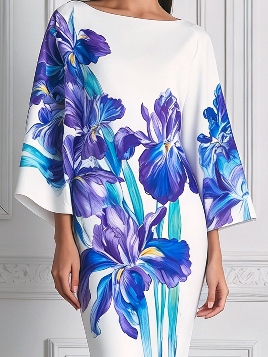Bold Iris Print Dolman Sleeve White Satin Dress