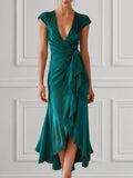 Draped Satin Wrap Midi Dress With Cascading Ruffle