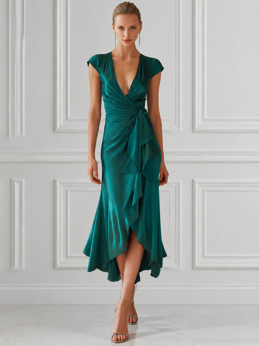 Draped Satin Wrap Midi Dress With Cascading Ruffle