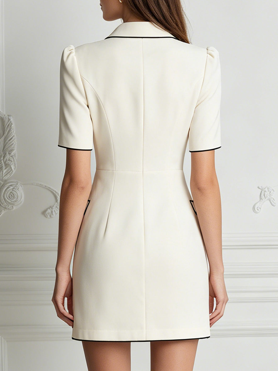 Cream White Mini Dress With Black Trim & Gold Buttons