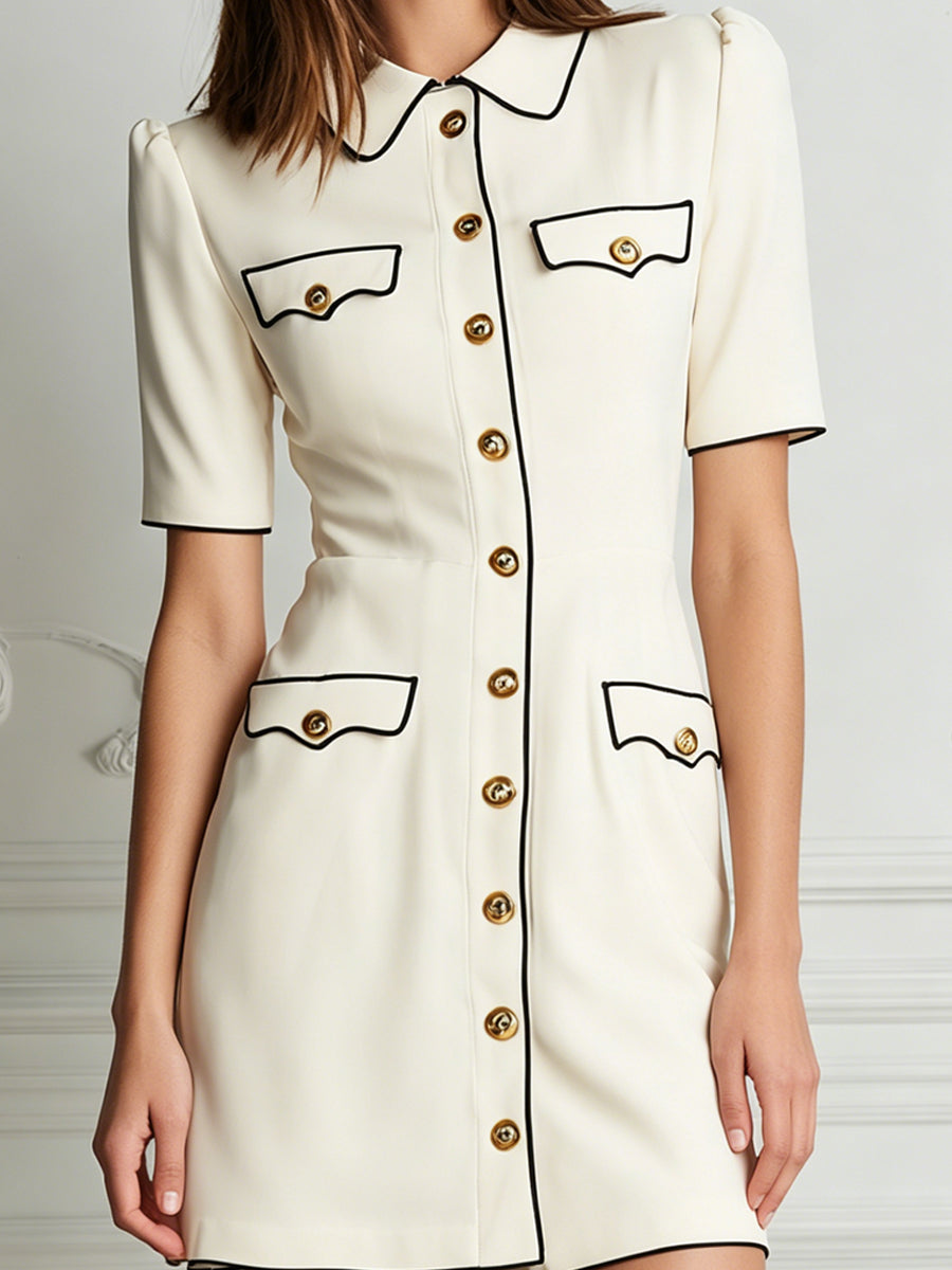 Cream White Mini Dress With Black Trim & Gold Buttons
