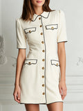 Cream White Mini Dress With Black Trim & Gold Buttons