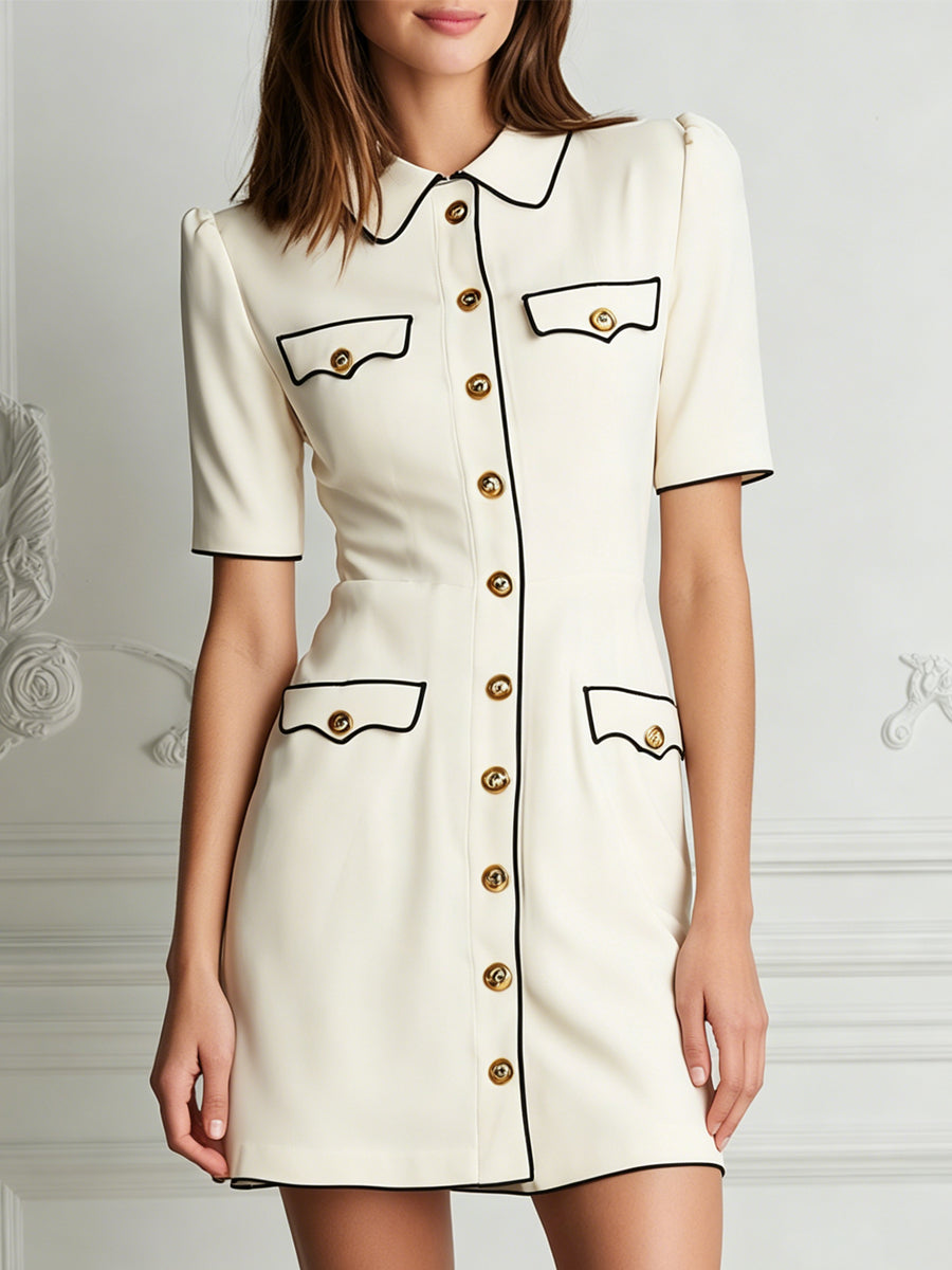 Cream White Mini Dress With Black Trim & Gold Buttons