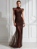 Ruched Illusion Mesh High-Neck Evening Gown