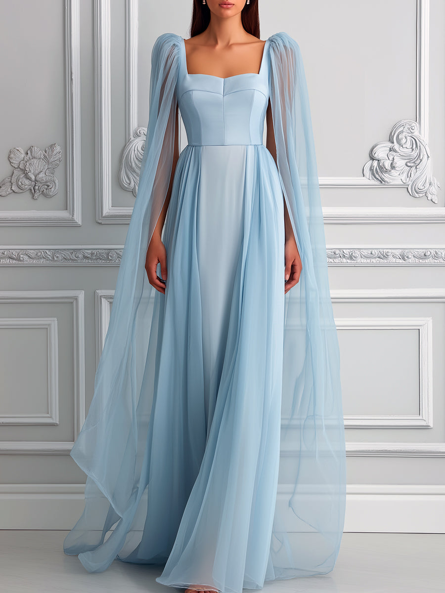 Flowy Light Blue Chiffon Cape Sleeve Dress