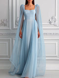 Flowy Light Blue Chiffon Cape Sleeve Dress
