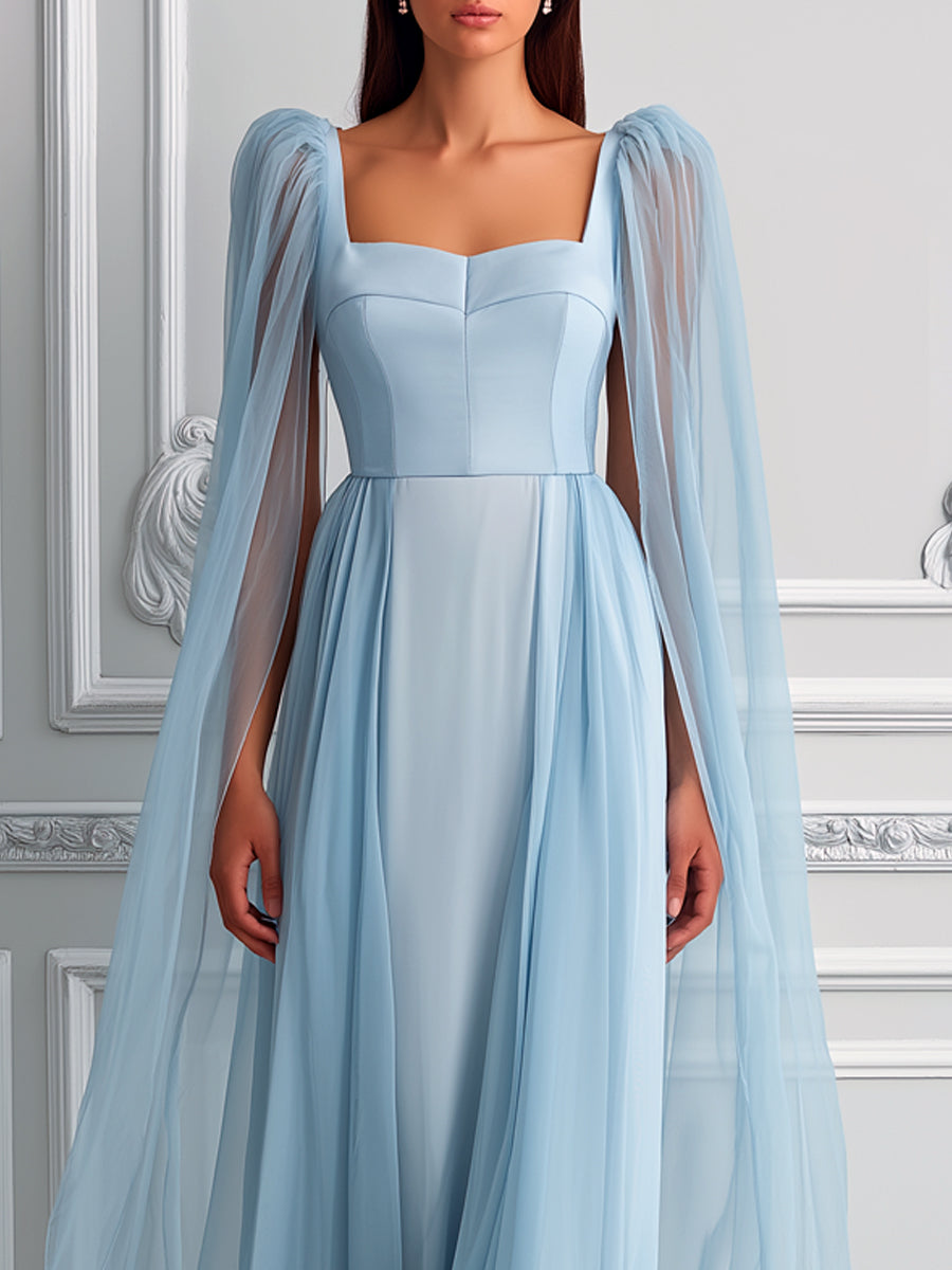Flowy Light Blue Chiffon Cape Sleeve Dress