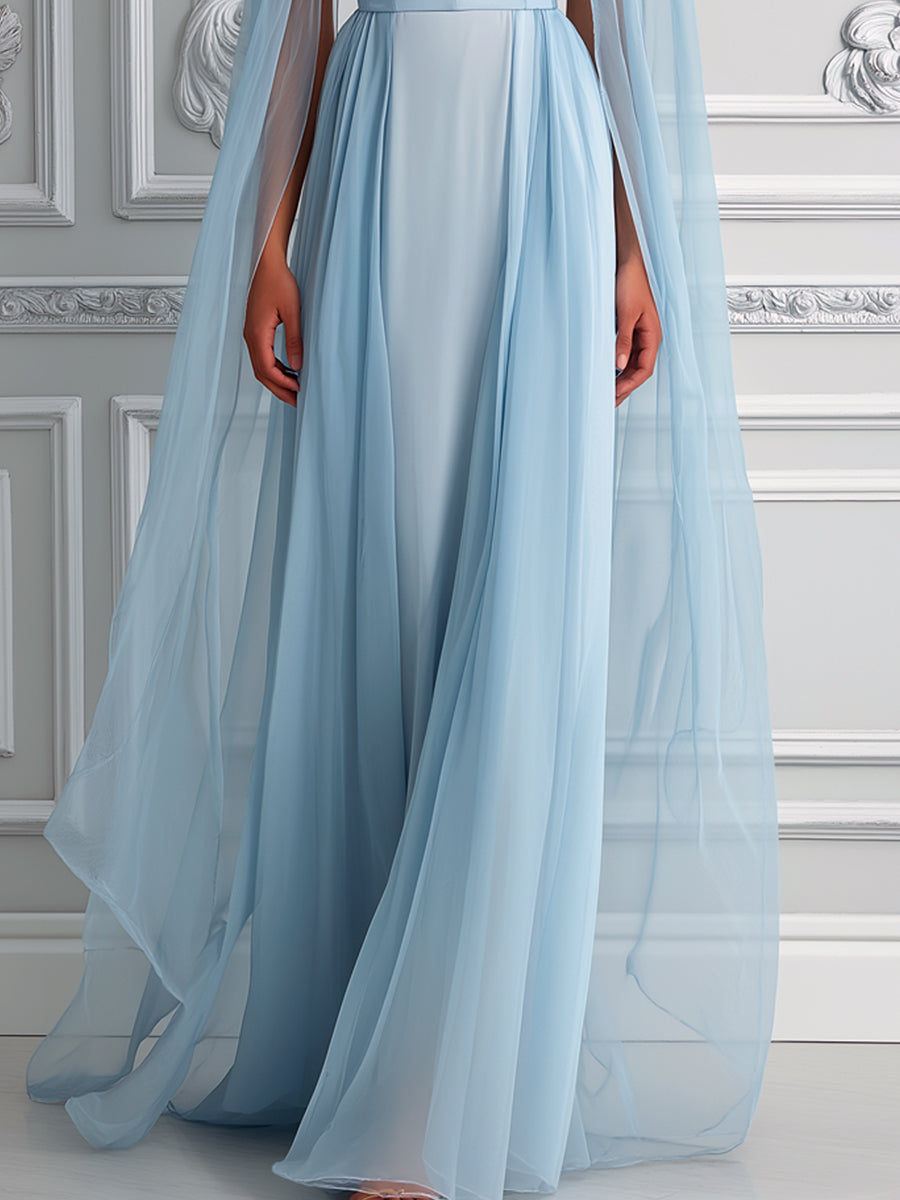 Flowy Light Blue Chiffon Cape Sleeve Dress