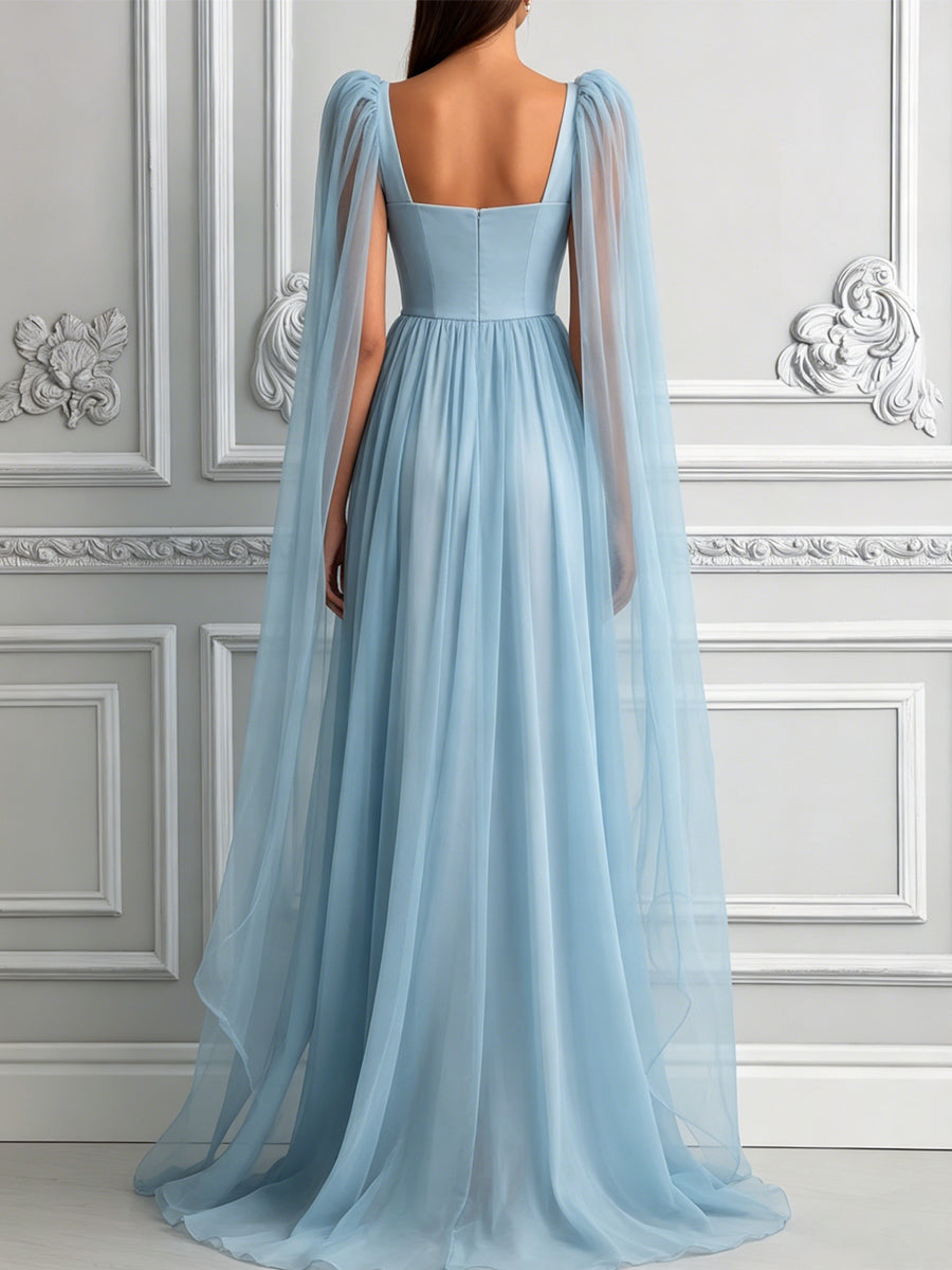 Flowy Light Blue Chiffon Cape Sleeve Dress