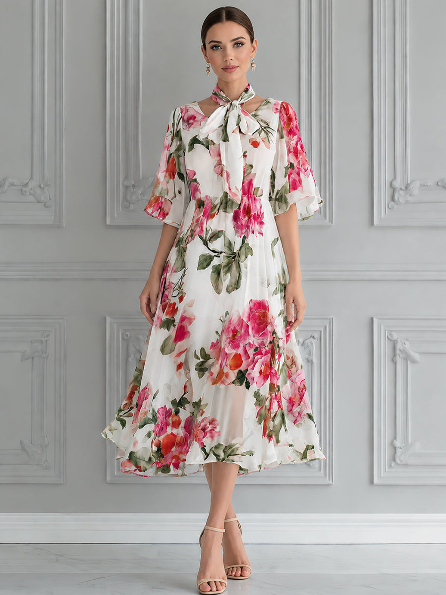 Romantic Watercolor Floral Midi Dress