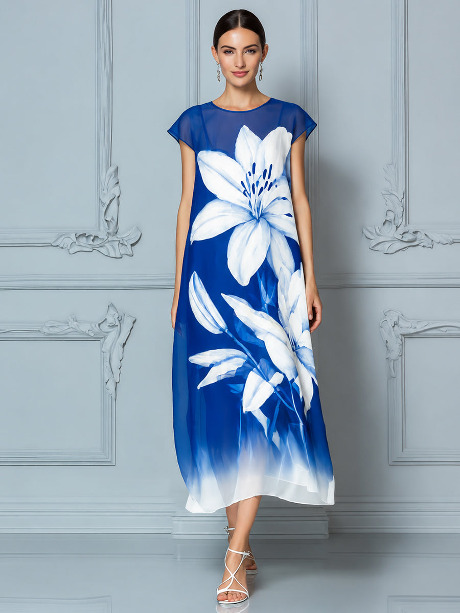 Ethereal Lily Print Mesh Maxi Dress
