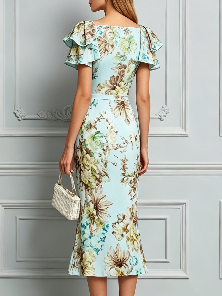 Elegant Floral Print Midi Dress With Ruffle Sleeves