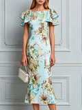 Elegant Floral Print Midi Dress With Ruffle Sleeves