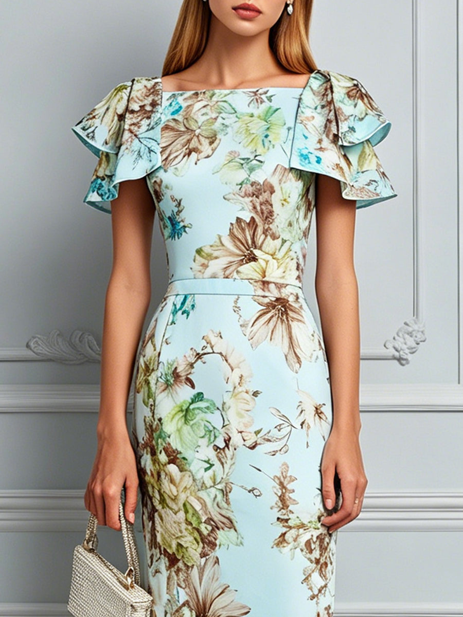 Elegant Floral Print Midi Dress With Ruffle Sleeves