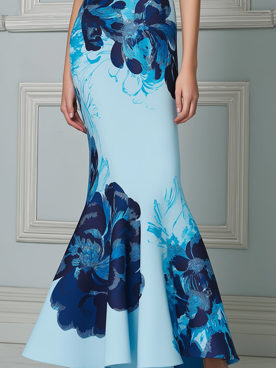 Light Blue Watercolor Floral Print Mermaid Maxi Dress