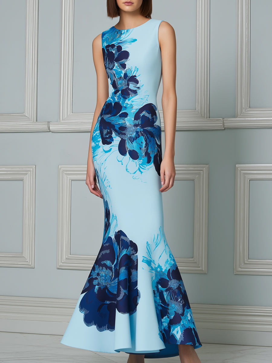 Light Blue Watercolor Floral Print Mermaid Maxi Dress