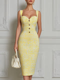 Yellow Tweed Sweetheart Neck Midi Dress