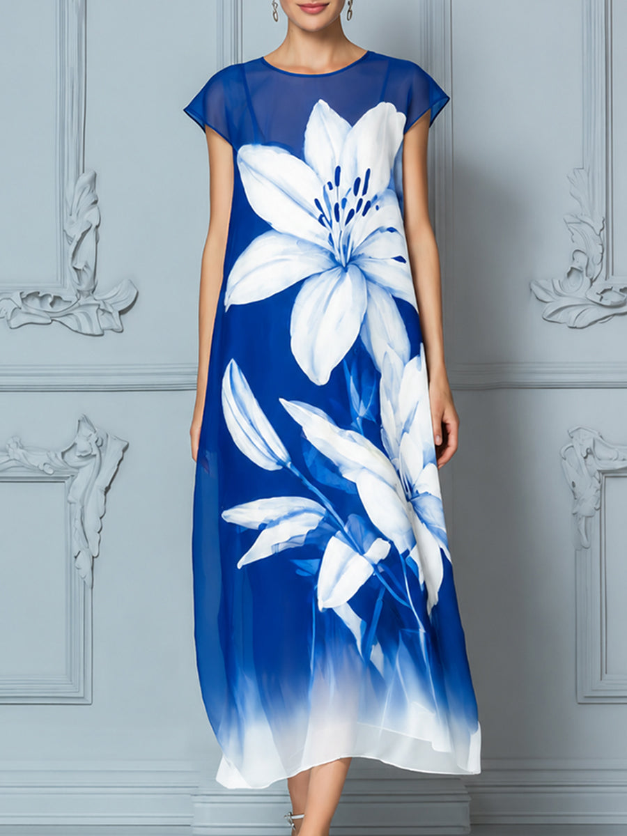 Ethereal Lily Print Mesh Maxi Dress