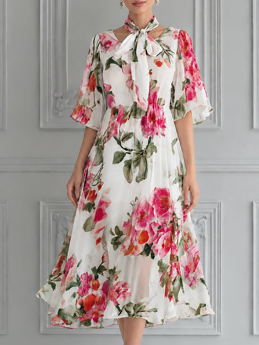Romantic Watercolor Floral Midi Dress