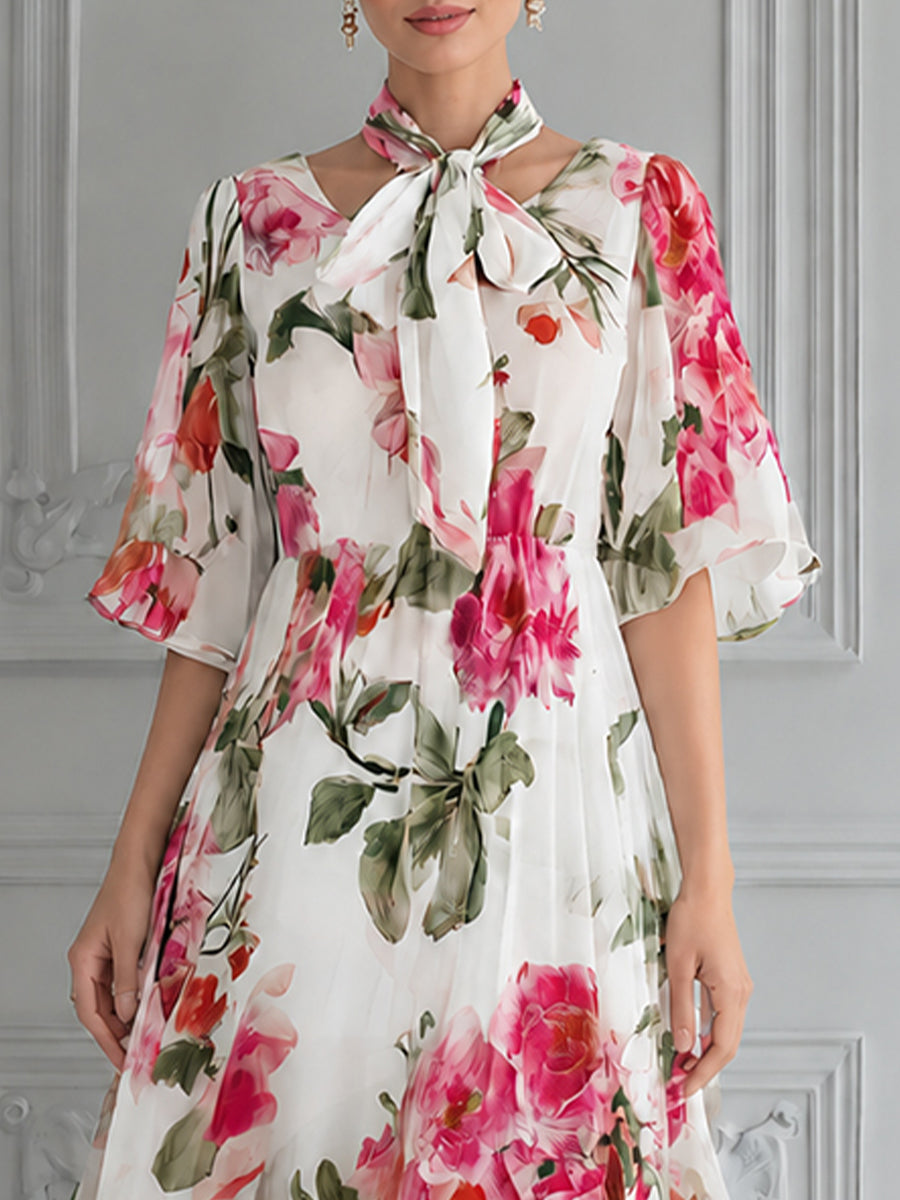 Romantic Watercolor Floral Midi Dress
