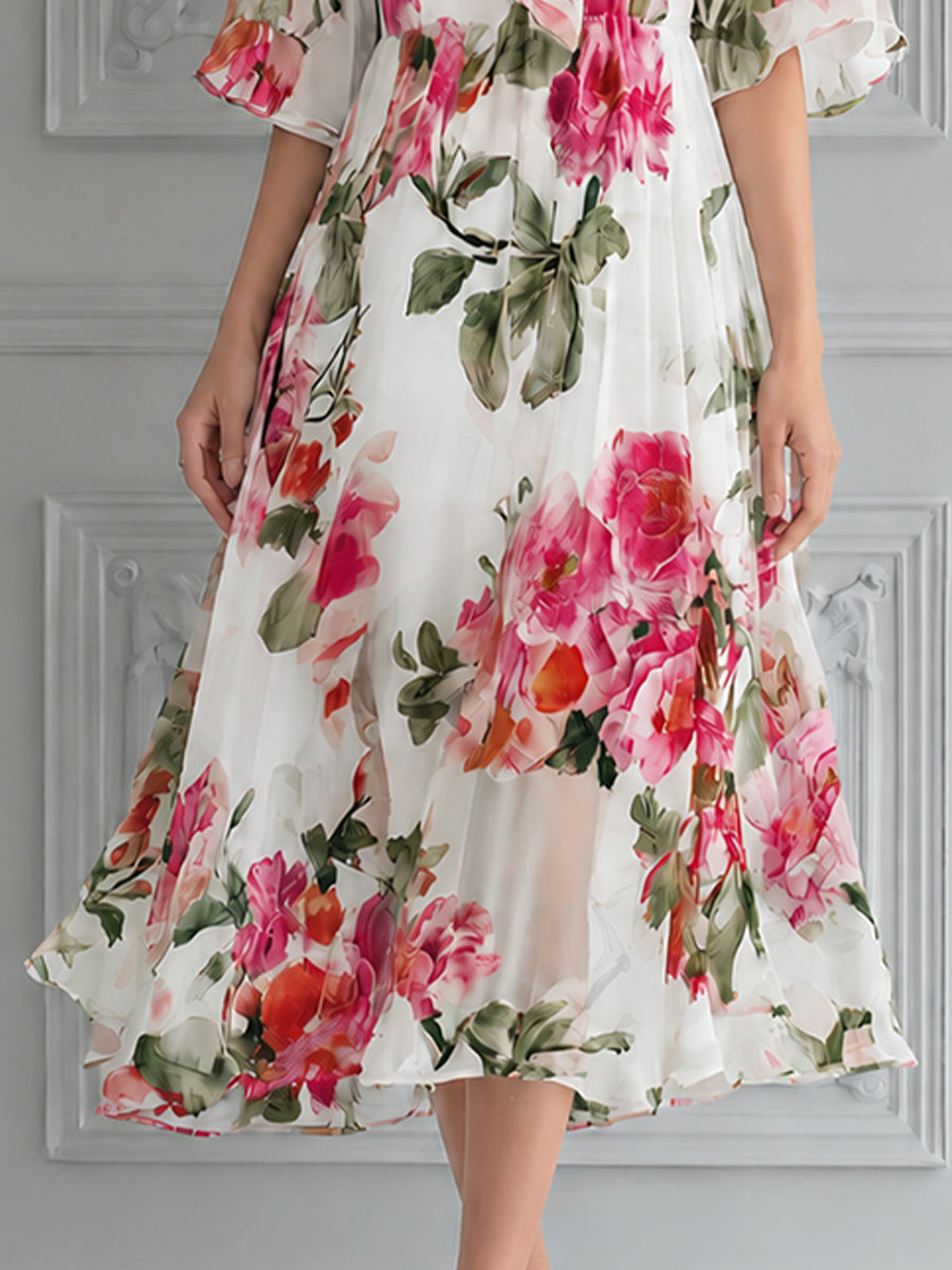 Romantic Watercolor Floral Midi Dress