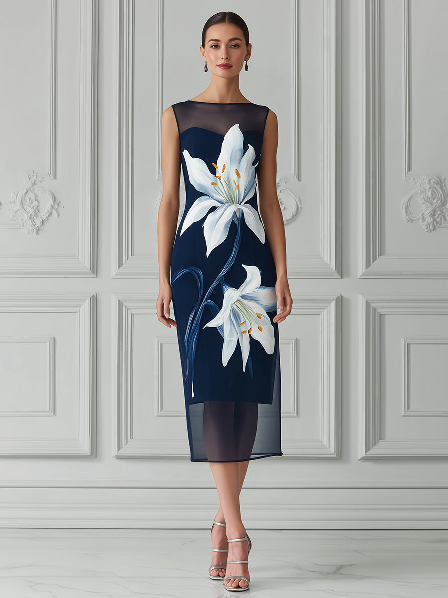 Elegant Navy Illusion Neckline Sheath Dress