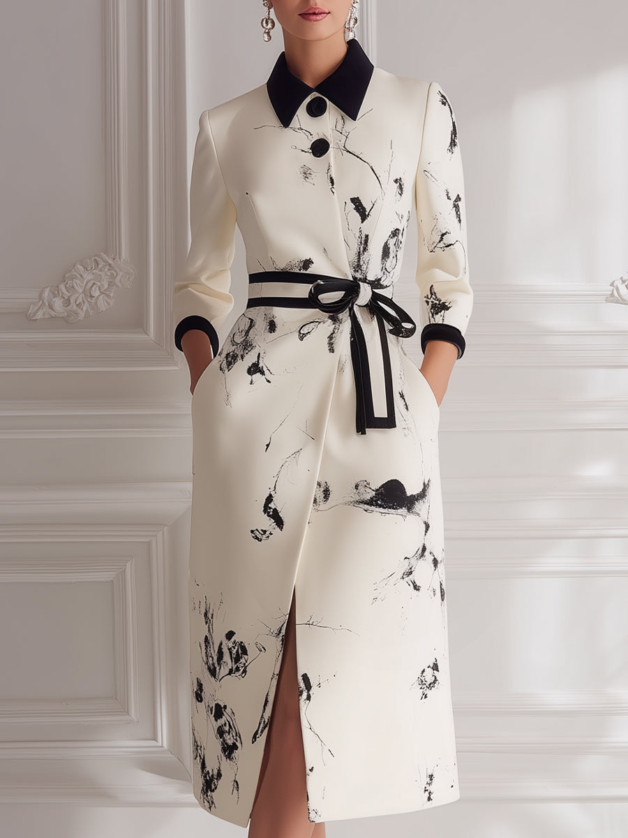 Abstract Print Belted Shirt Midi Dress
