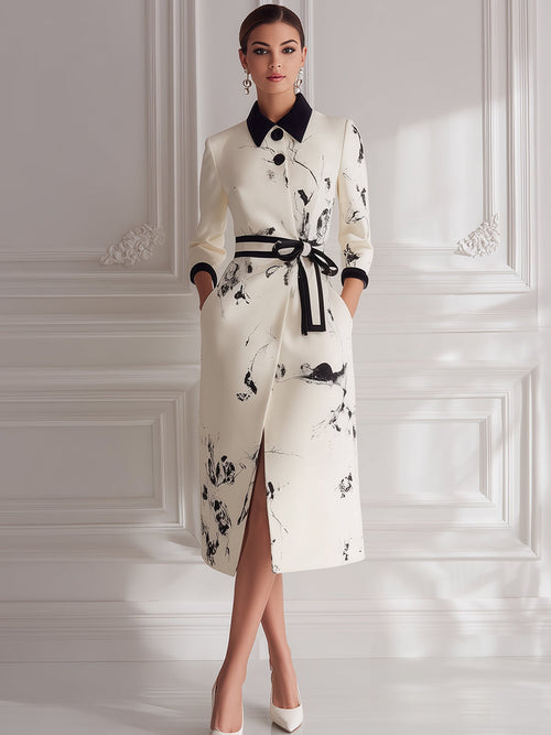 Abstract Print Belted Shirt Midi Dress