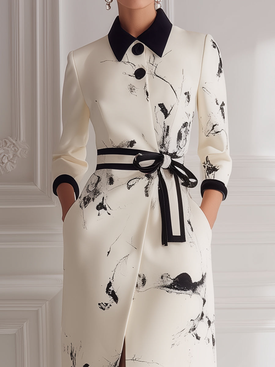 Abstract Print Belted Shirt Midi Dress