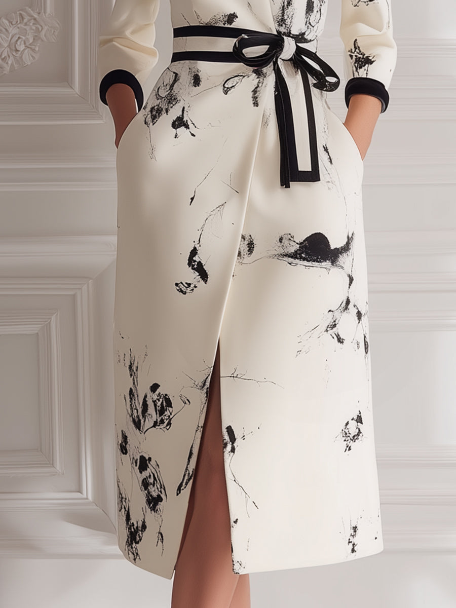 Abstract Print Belted Shirt Midi Dress
