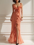 Ruffled Chiffon High-Slit Evening Gown