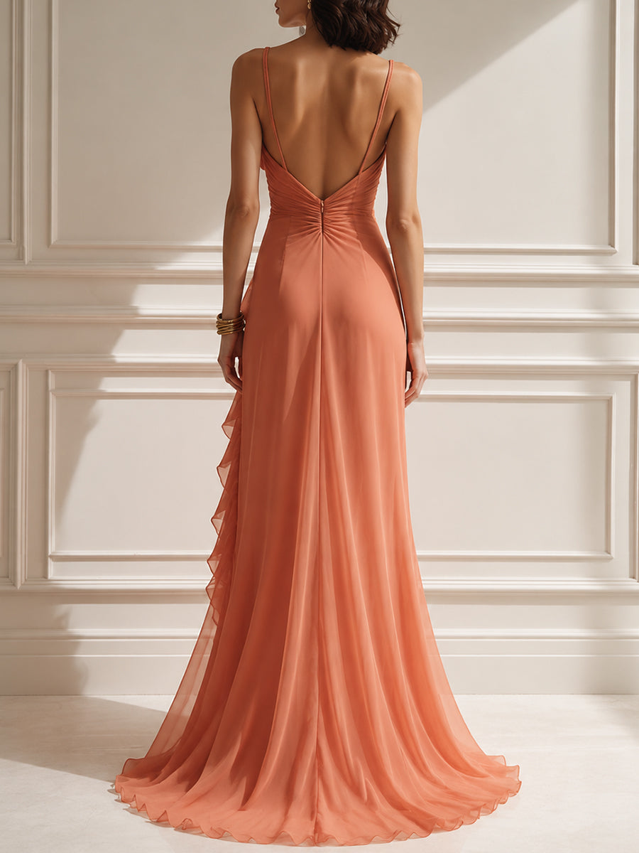 Ruffled Chiffon High-Slit Evening Gown