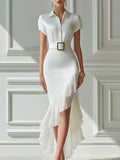 Elegant Belted High-Low Ruffle Midi Dress