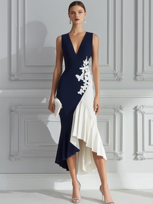 Contrast Floral Appliqué High-Low Midi Dress