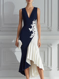 Contrast Floral Appliqué High-Low Midi Dress