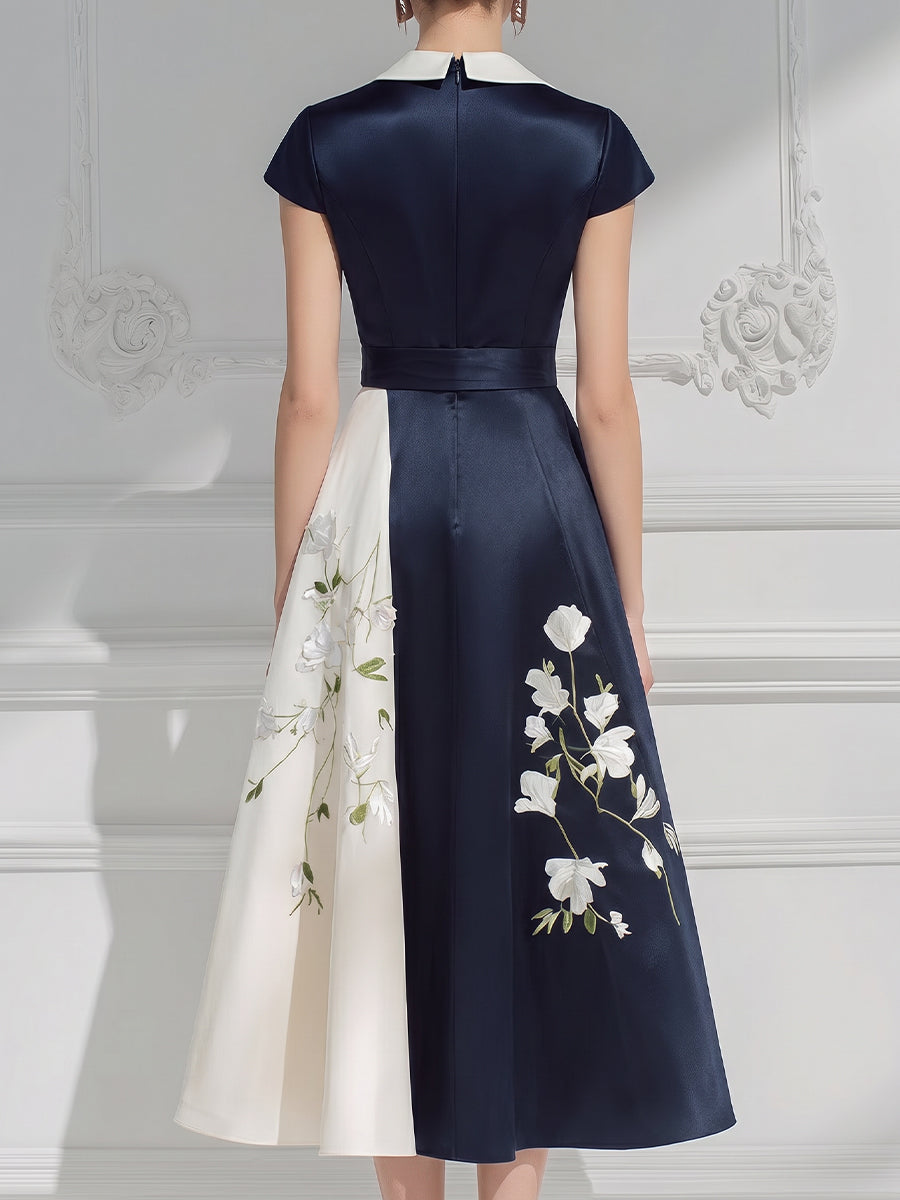 Contrast Floral Panel Fit-and-Flare Midi Dress