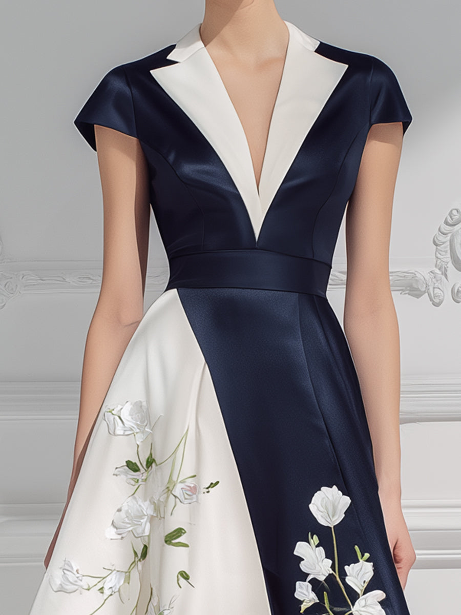 Contrast Floral Panel Fit-and-Flare Midi Dress