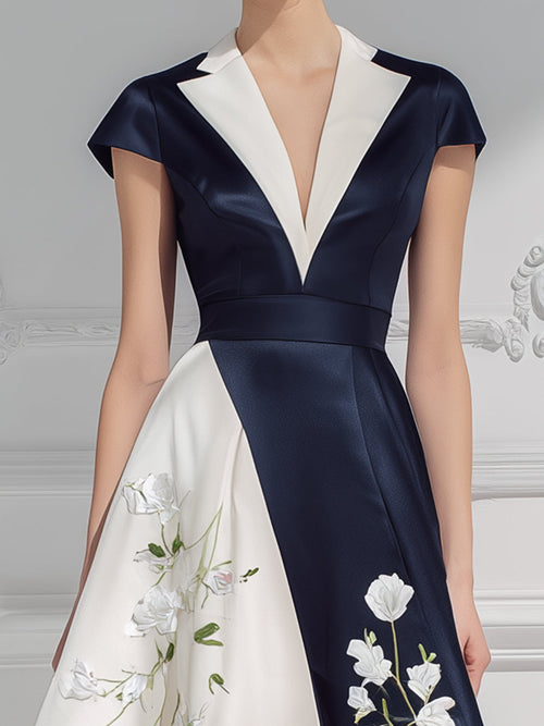 Contrast Floral Panel Fit-and-Flare Midi Dress
