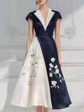 Contrast Floral Panel Fit-and-Flare Midi Dress