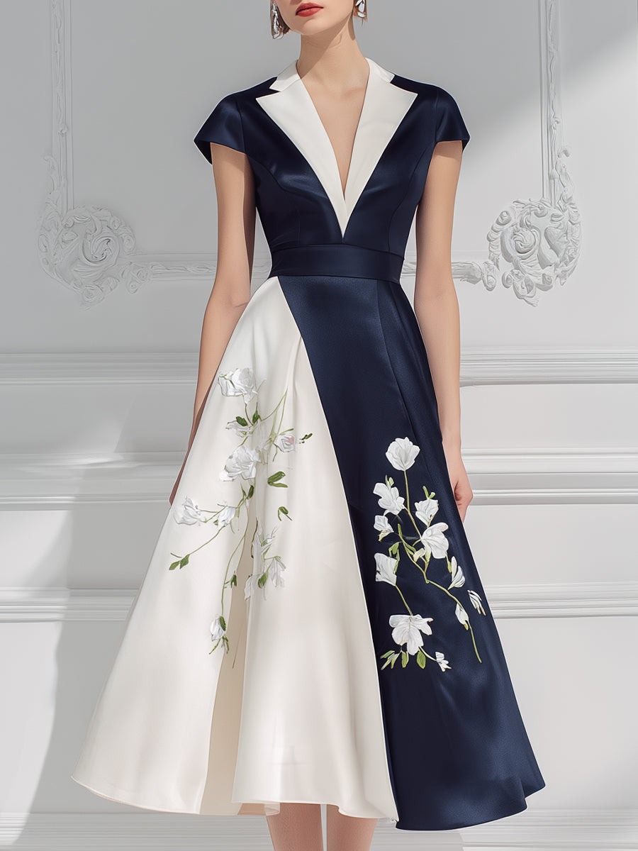 Contrast Floral Panel Fit-and-Flare Midi Dress