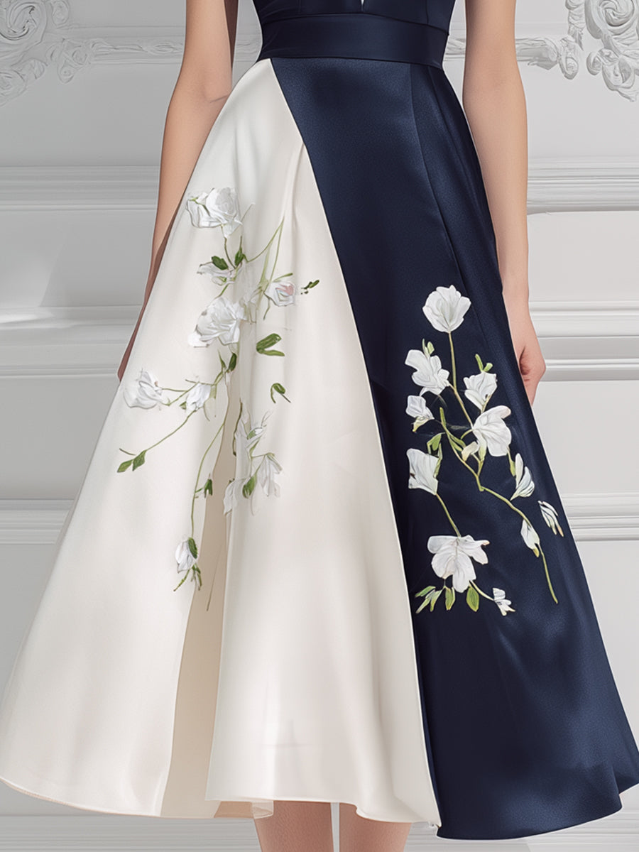 Contrast Floral Panel Fit-and-Flare Midi Dress