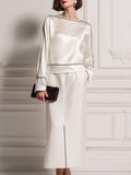 Minimalist Satin Blouse And Straight Midi Skirt Set