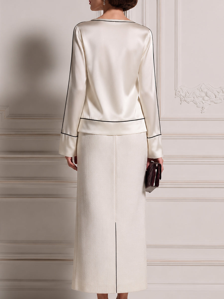 Minimalist Satin Blouse And Straight Midi Skirt Set