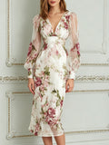 Elegant V Neck Floral Print Sheer Sleeve Midi Dress