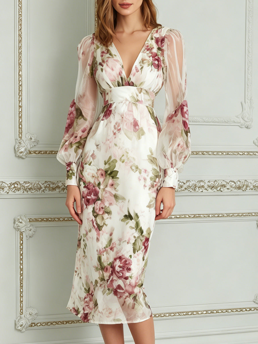 Elegant V Neck Floral Print Sheer Sleeve Midi Dress