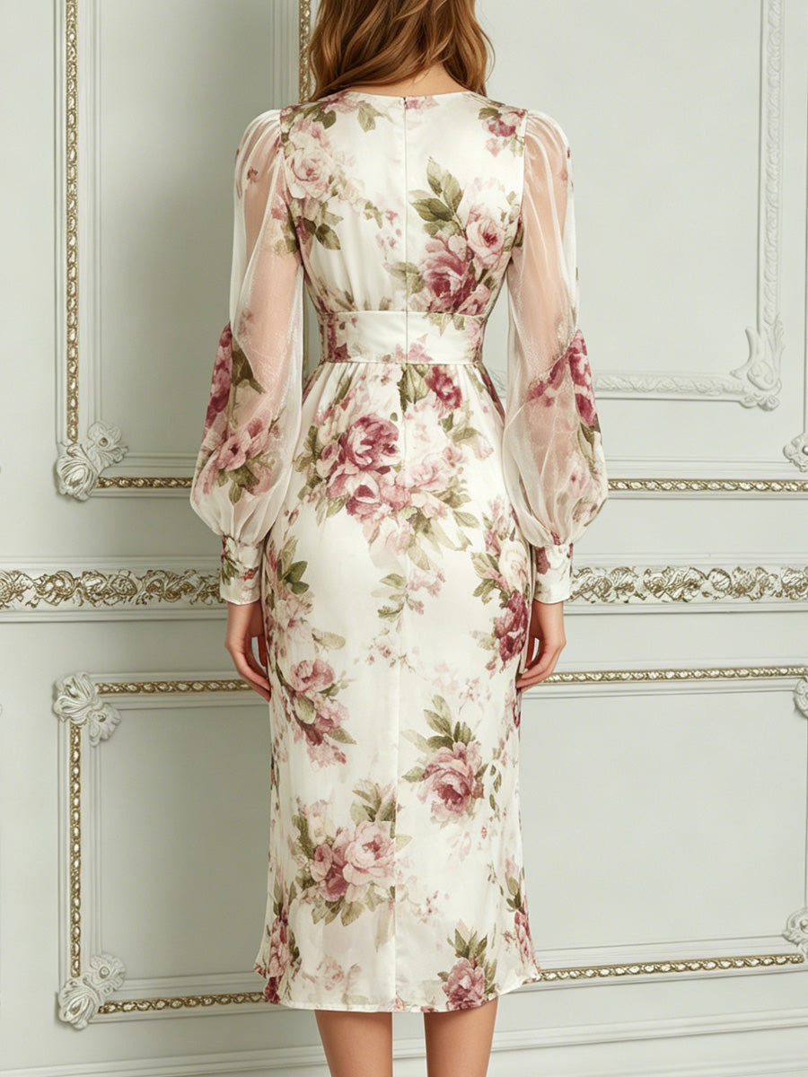 Elegant V Neck Floral Print Sheer Sleeve Midi Dress