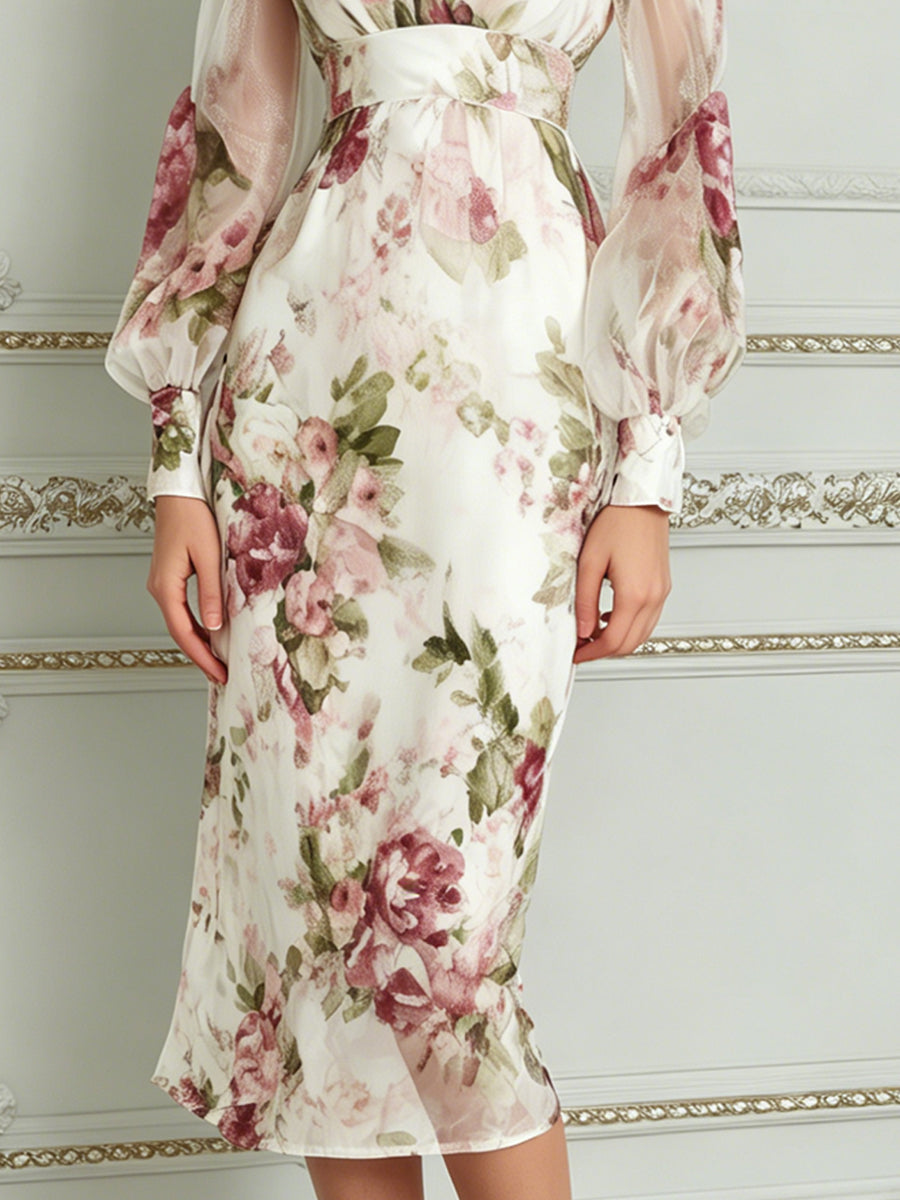 Elegant V Neck Floral Print Sheer Sleeve Midi Dress