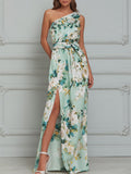 Elegant Floral Print Satin Maxi Dress With Side Slit