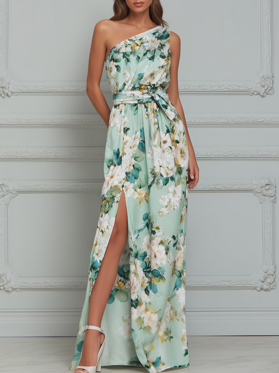 Elegant Floral Print Satin Maxi Dress With Side Slit