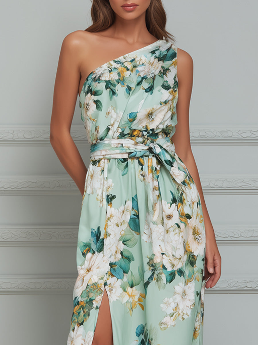Elegant Floral Print Satin Maxi Dress With Side Slit
